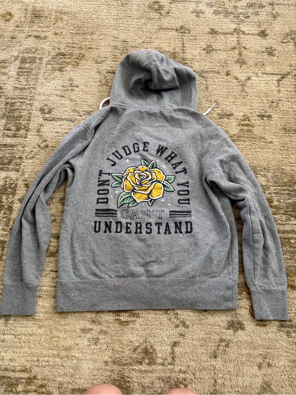 Gray Graphic Hoodie with Yellow Rose Back Print